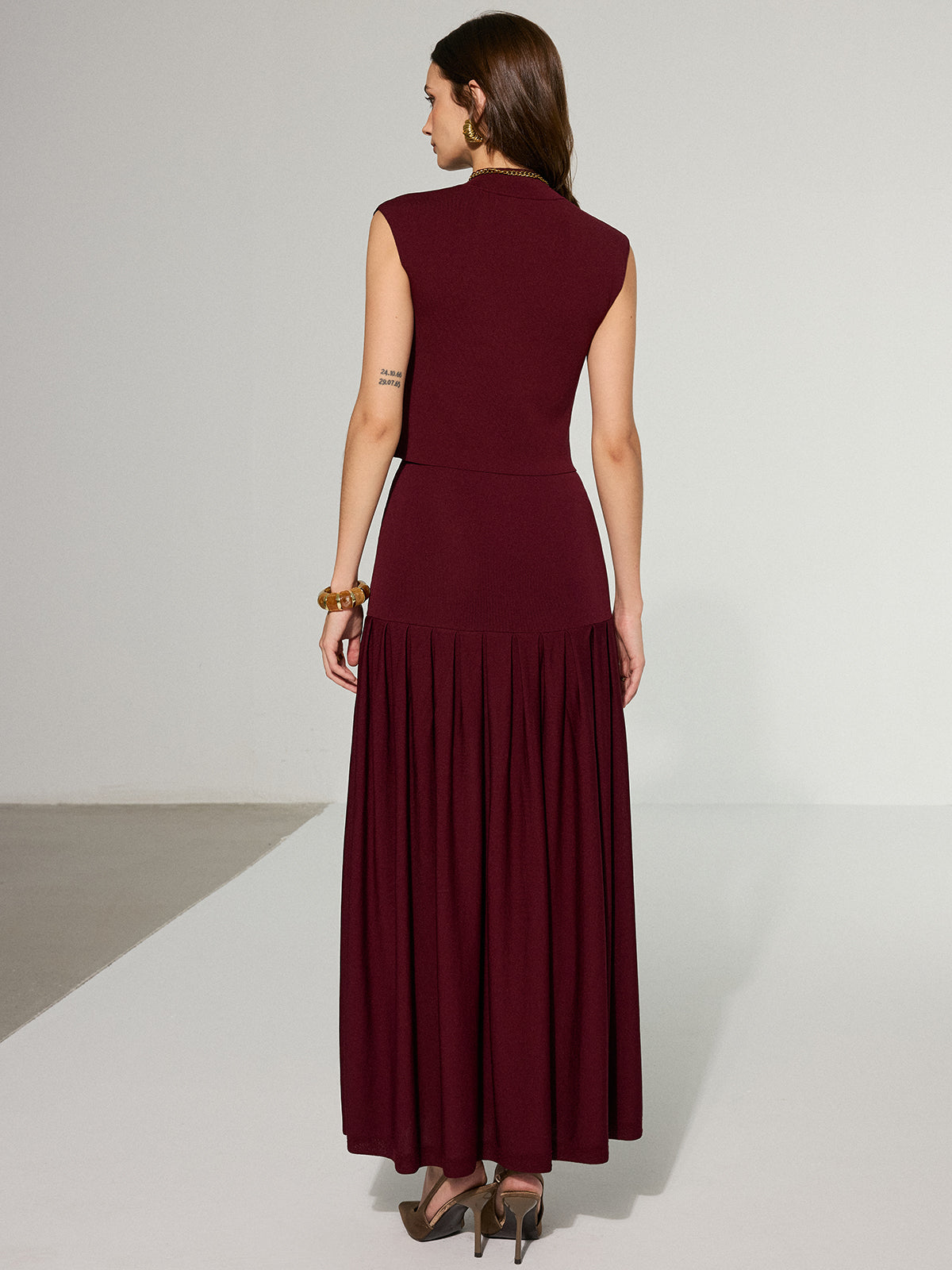 Mock Neck Sleeveless Top and Pleated Midi Skirt Set
