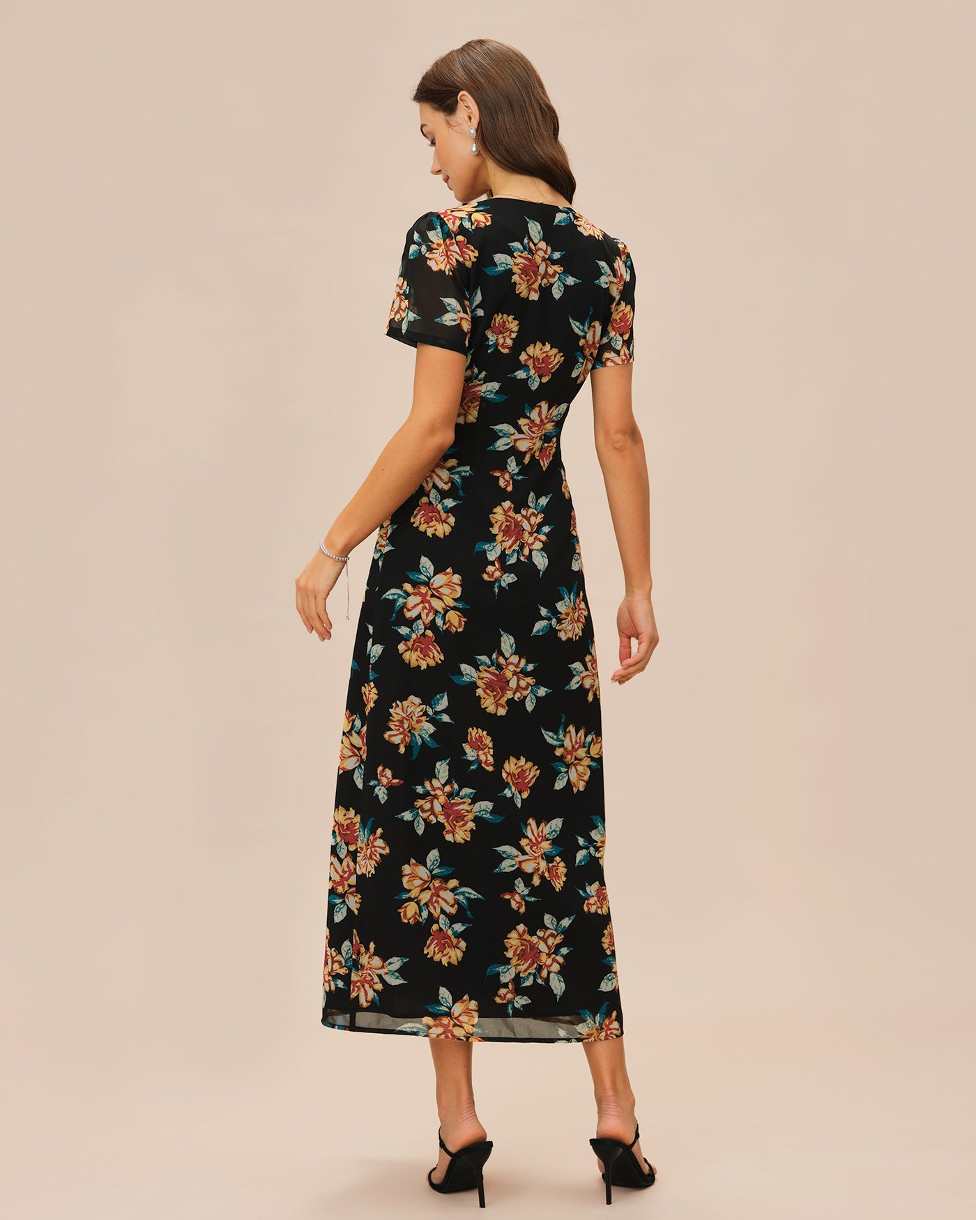 Black V Neck Floral Button Maxi Dress