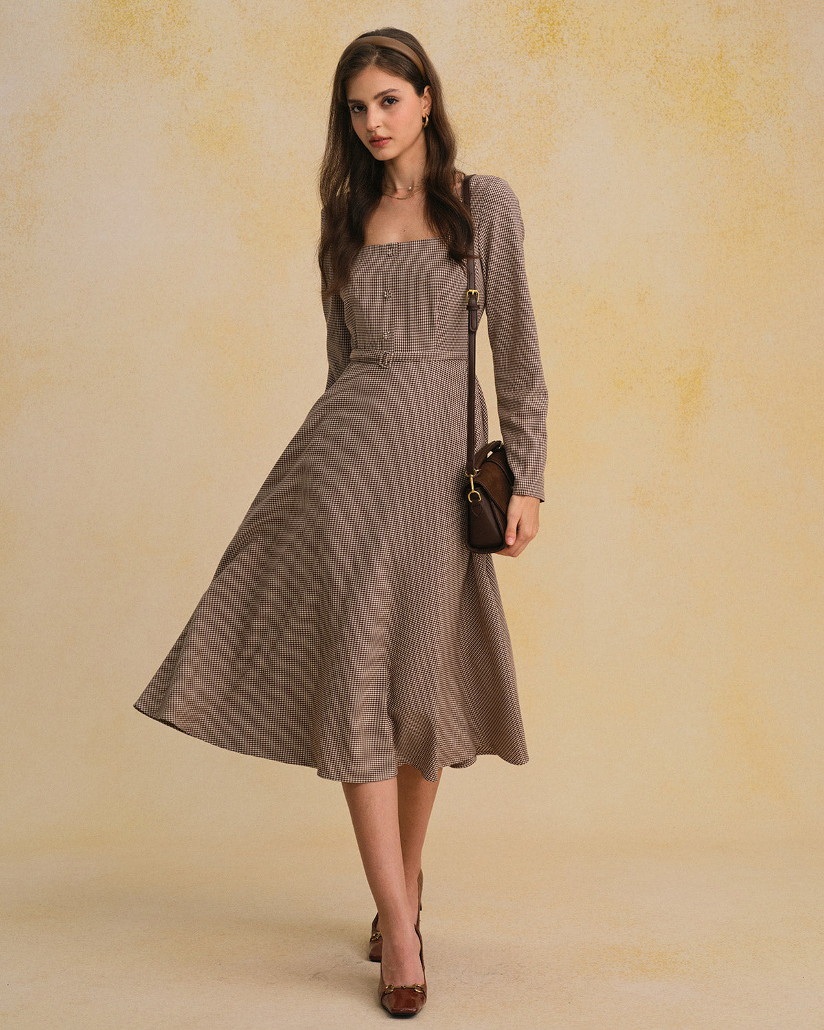 Brown Gingham Square Neck Belted Maxi Dress