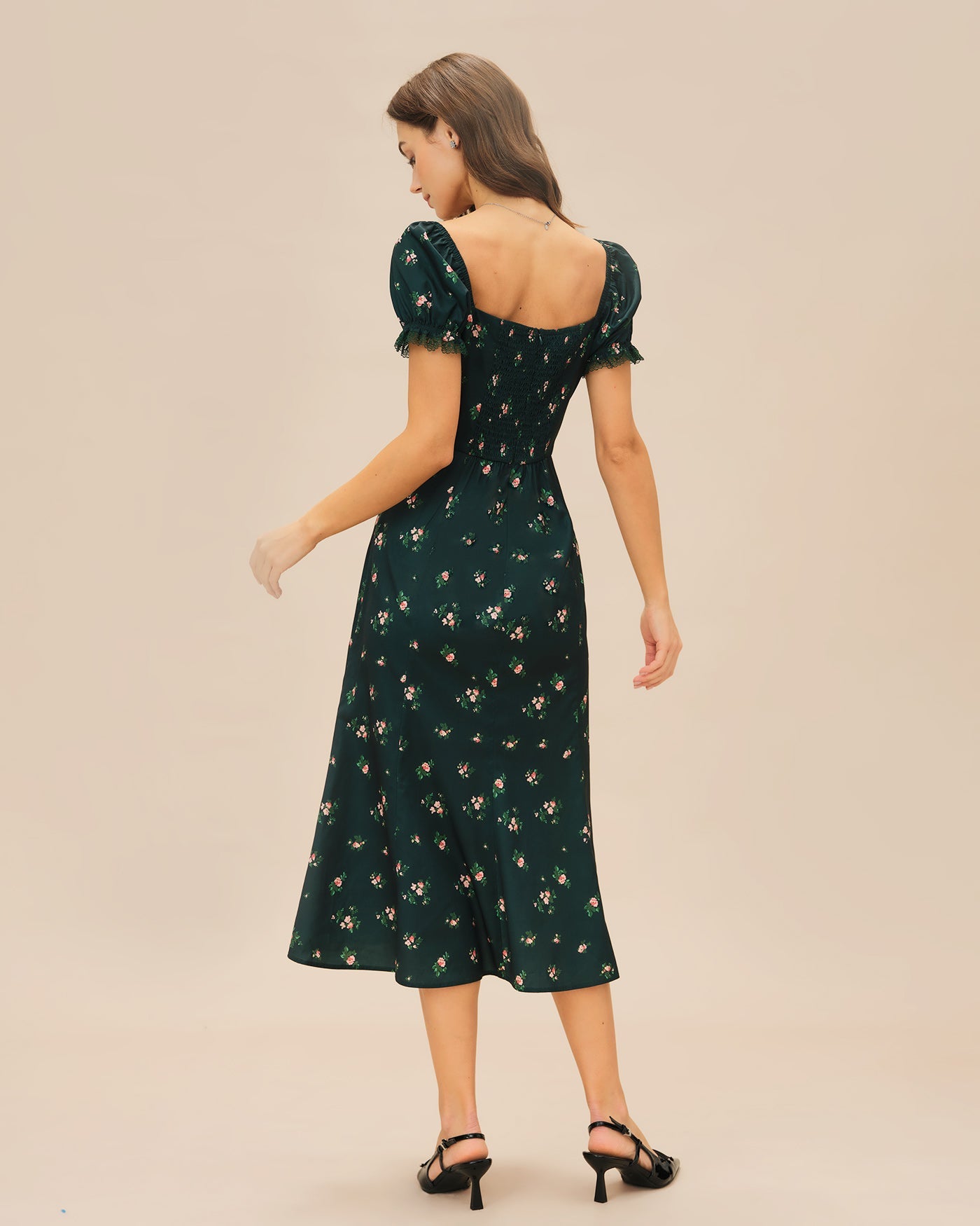Green Puffed Sleeve Floral Midi Dress
