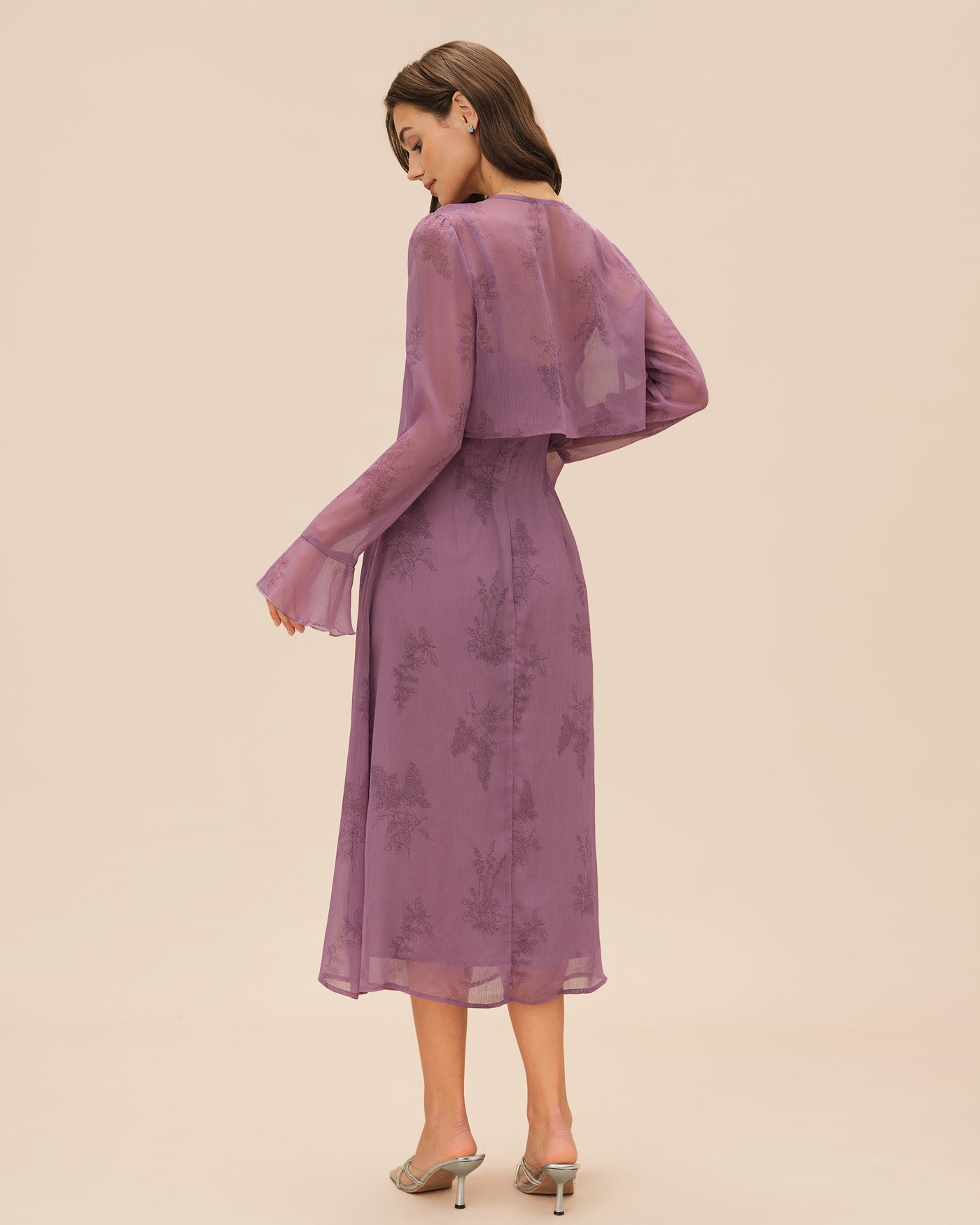 Purple Floral Ruched Slip Midi Dress