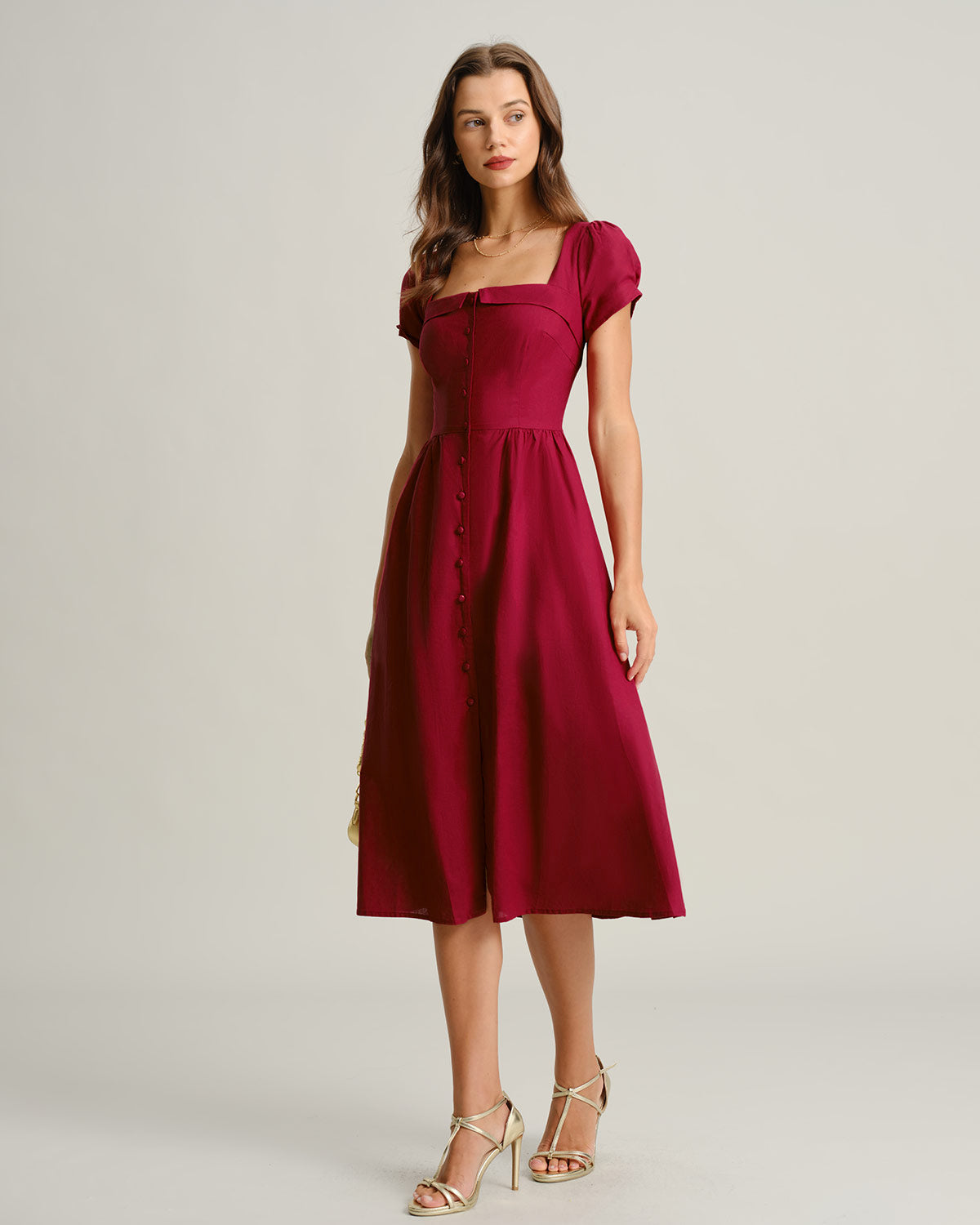Wine Red Square Neck A-Line Midi Dress