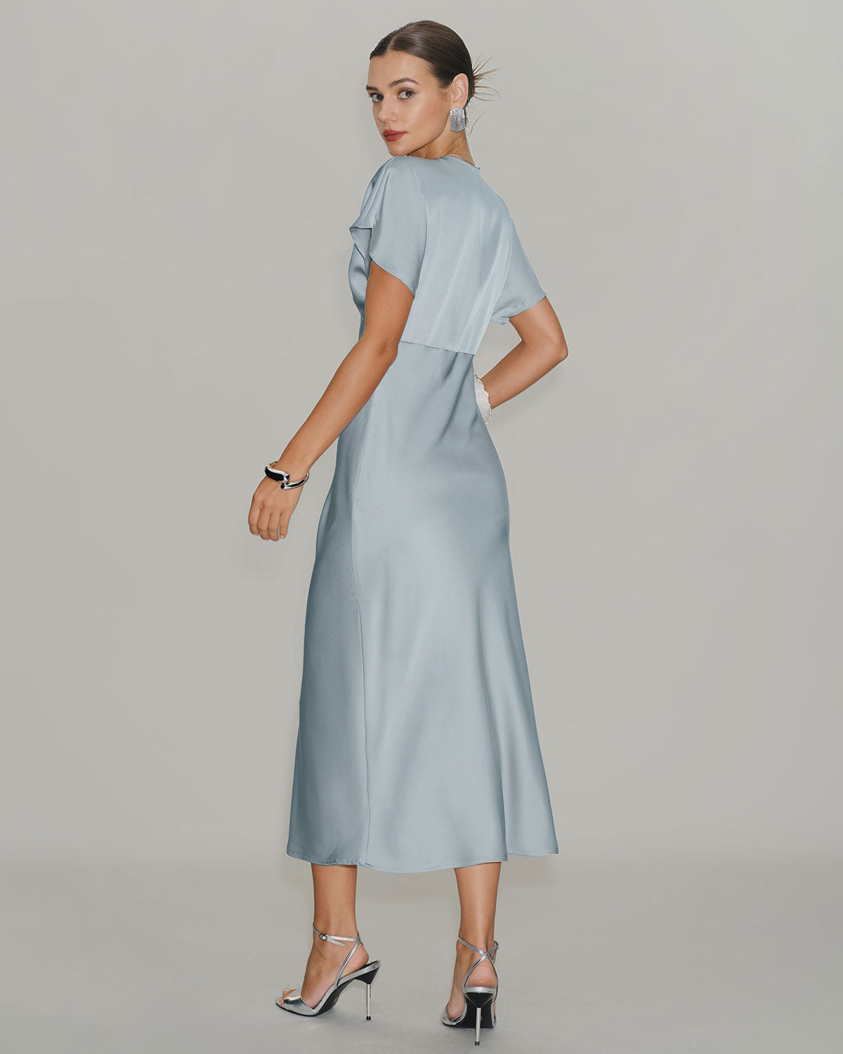Blue V Neck Cowl Sleeve Satin Midi Dress