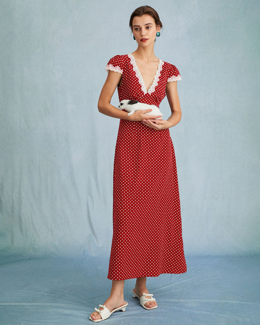 The Red V Neck Polka Dot Lace Ruched Maxi Dress