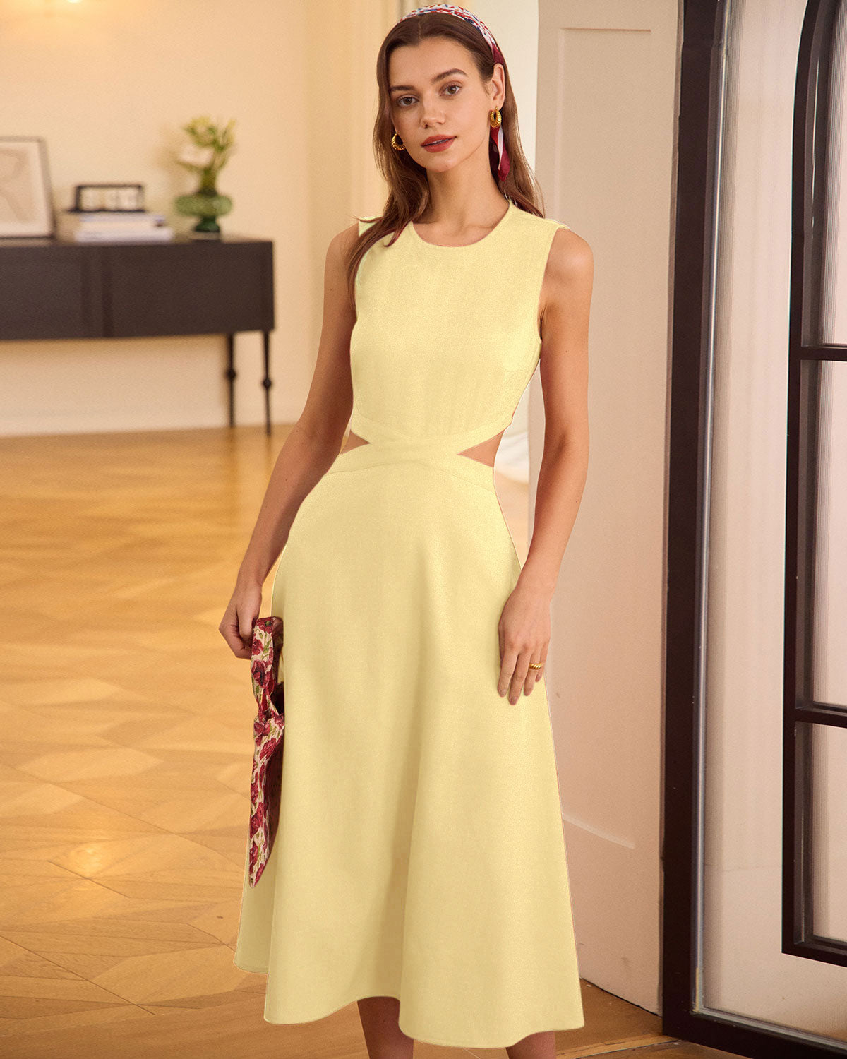 Yellow Round Neck Cut-Out Midi Dress