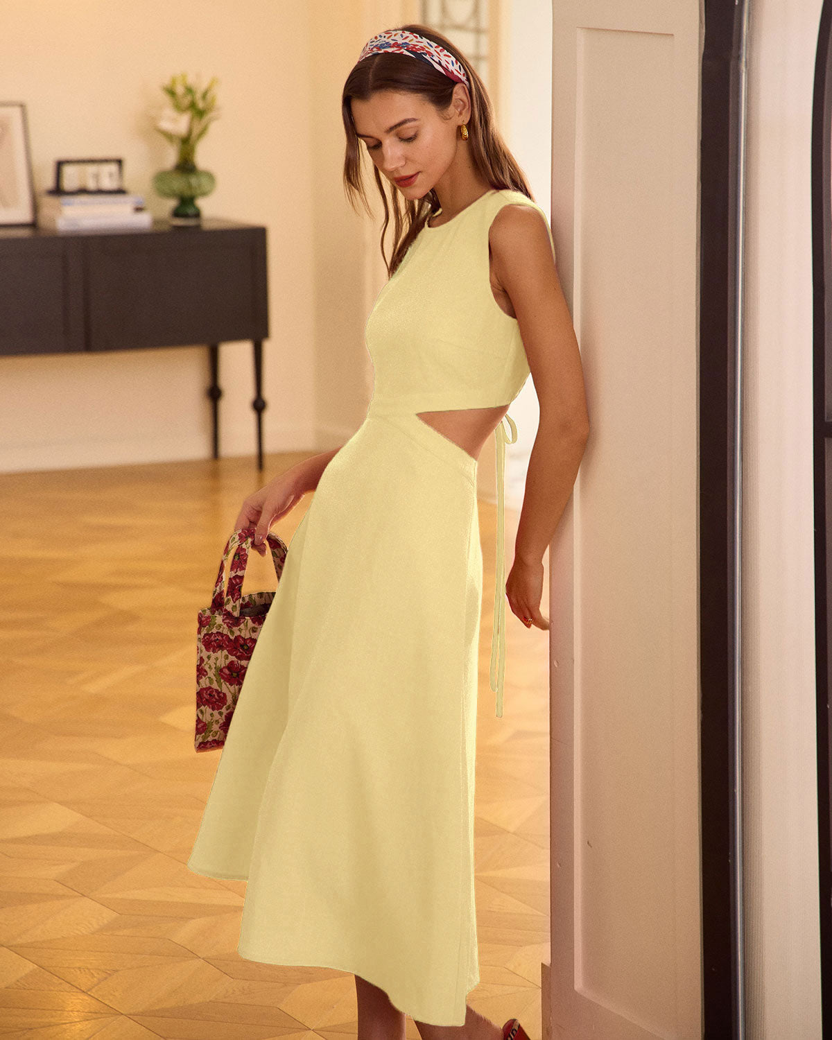 Yellow Round Neck Cut-Out Midi Dress