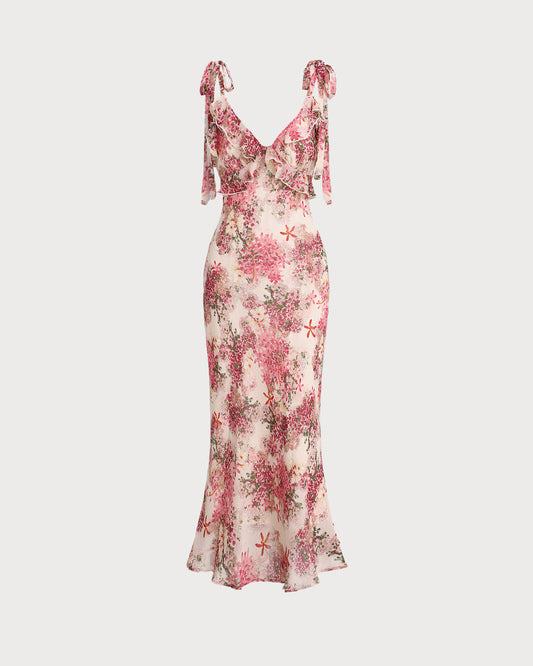 Pink Floral Ruffle Tie Strap Midi Dress
