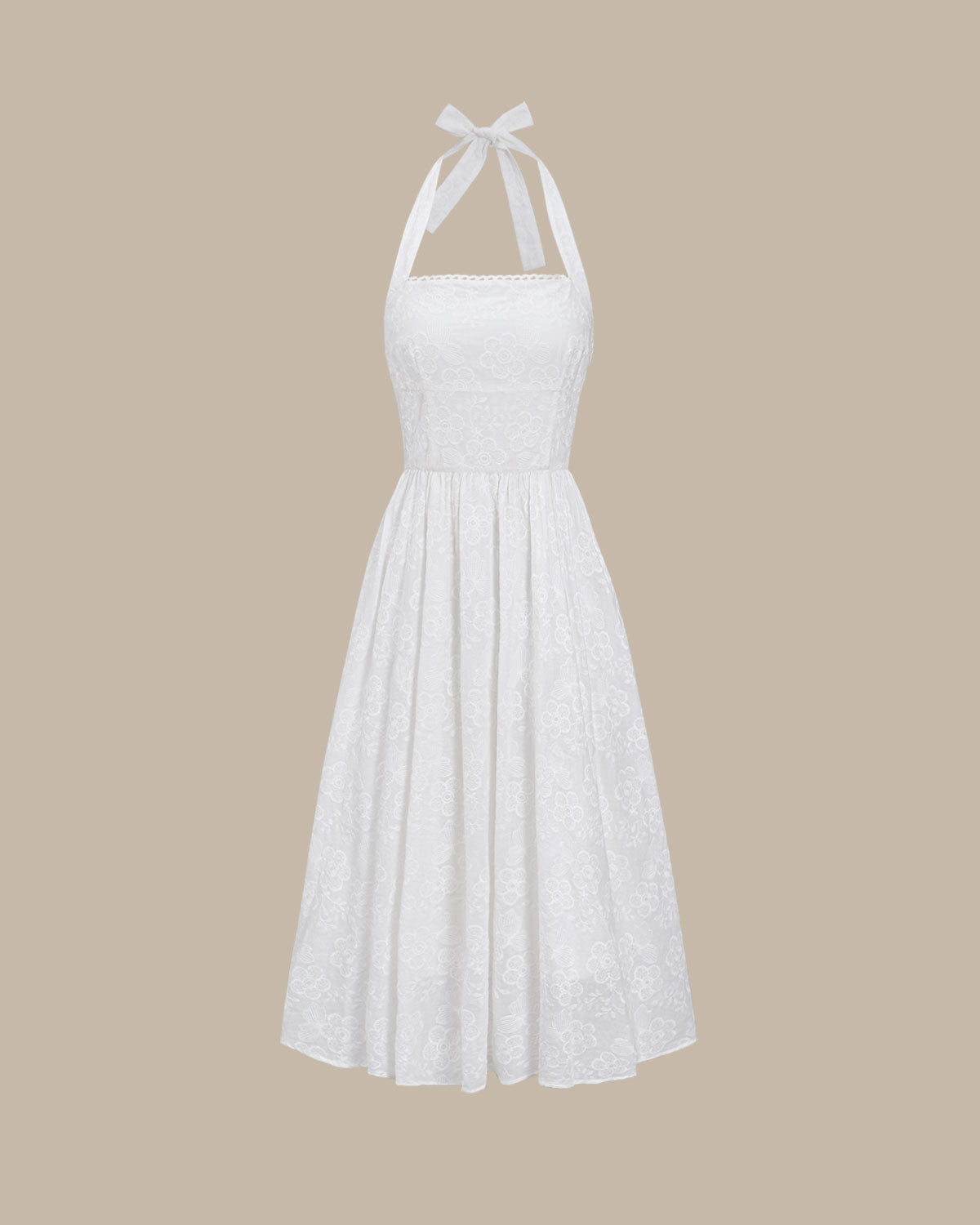 White Embroidery Halter Midi Dress