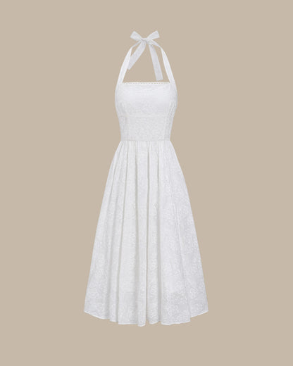 White Embroidery Halter Midi Dress
