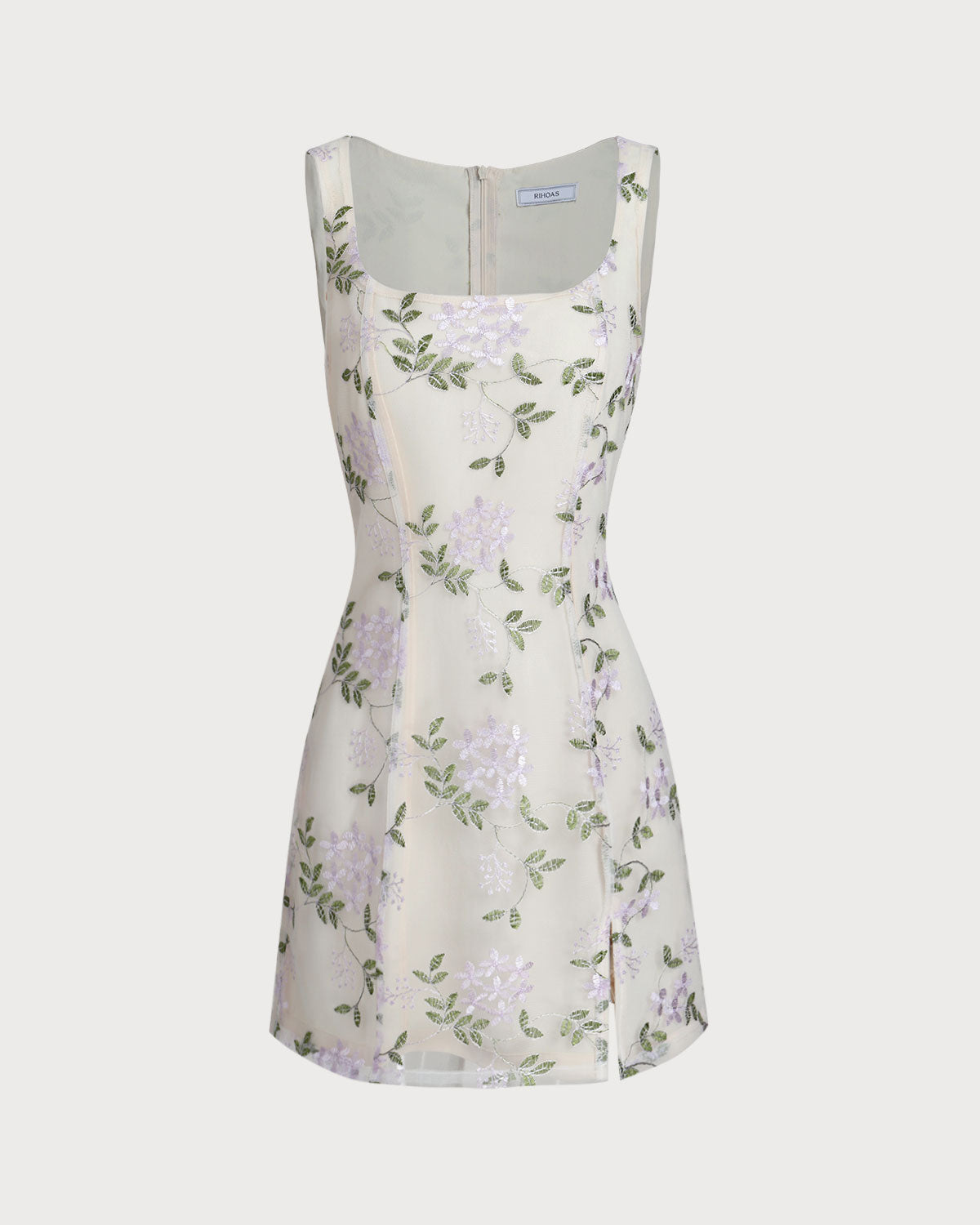 Beige Square Neck Embroidery Slit Slip Mini Dress