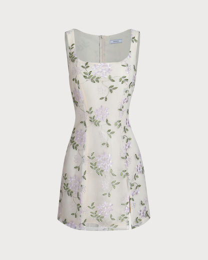 Beige Square Neck Embroidery Slit Slip Mini Dress