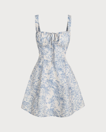 Blue Floral Ruched Slip Corset Mini Dress