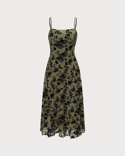 The Green Floral Burnout A-Line Slip Midi Dress