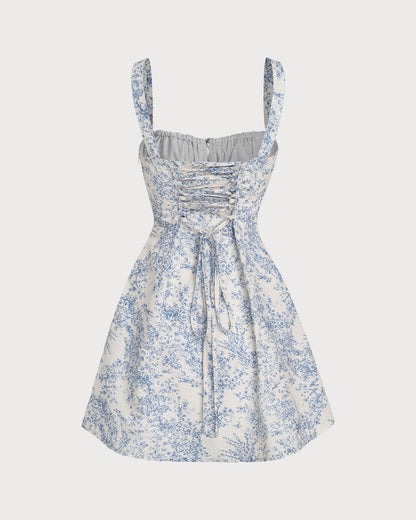 Blue Floral Ruched Slip Corset Mini Dress