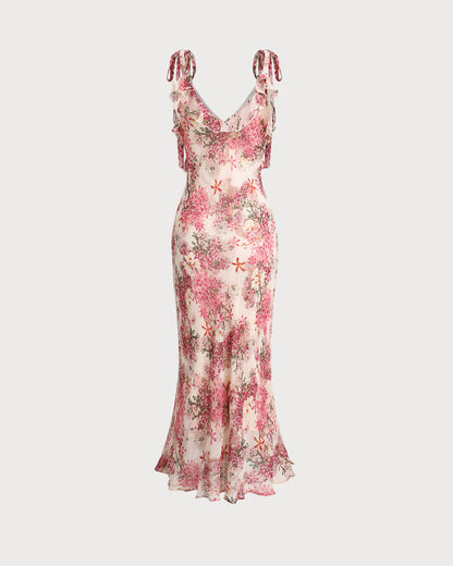 Pink Floral Ruffle Tie Strap Midi Dress