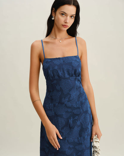 Navy Jacquard Slip Backless Maxi Dress