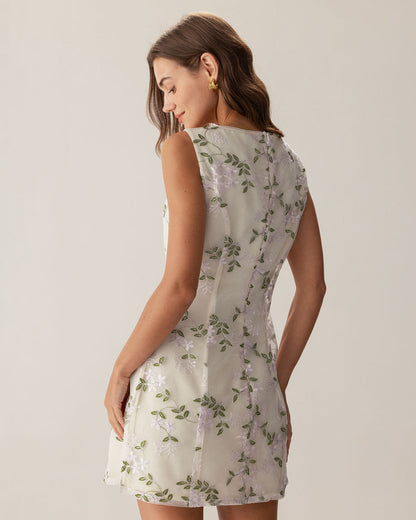 Beige Square Neck Embroidery Slit Slip Mini Dress