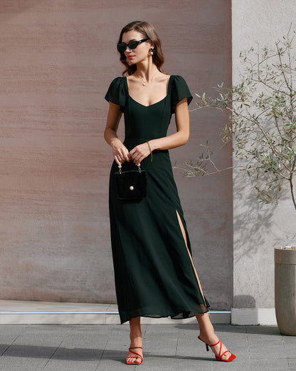 Black Sweetheart Neck Chiffon Maxi Dress
