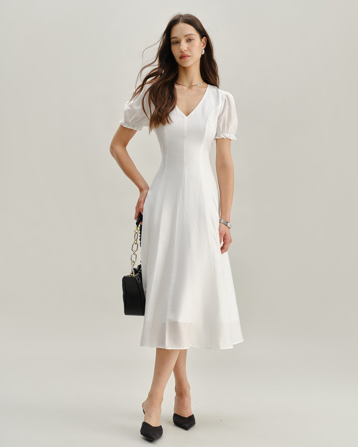 White Puffed Sleeve V Neck Midi Dress
