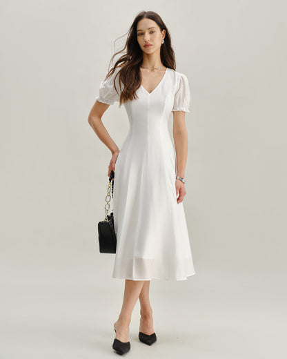 White Puffed Sleeve V Neck Midi Dress