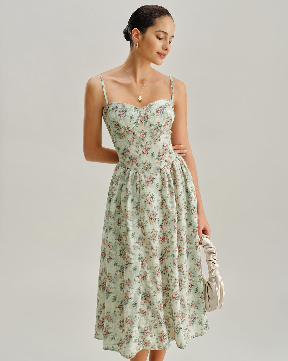 Green Floral Sweetheart Neck Pleated Slip Midi Dress