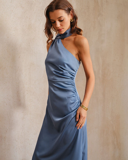 Blue One Shoulder A-Line Satin Maxi Dress