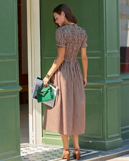 Coffee Plaid Shirred Puffed Sleeve Midi Dress