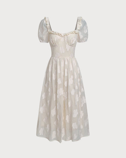 Beige Square Neck Puffed Sleeve Midi Dress