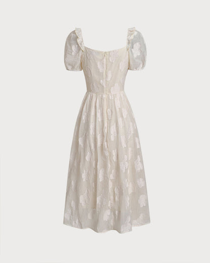 Beige Square Neck Puffed Sleeve Midi Dress