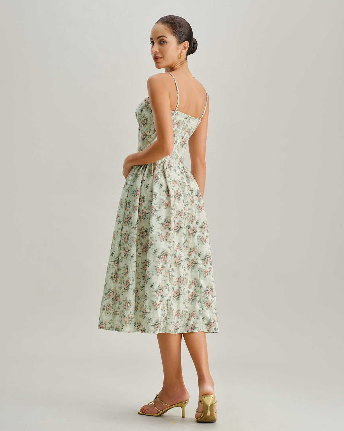 Green Floral Sweetheart Neck Pleated Slip Midi Dress
