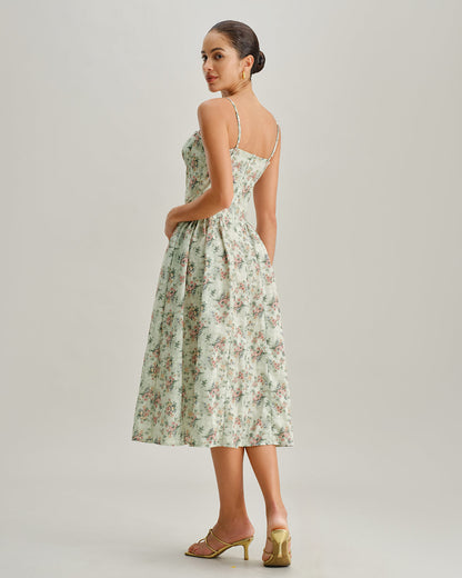 Green Floral Sweetheart Neck Pleated Slip Midi Dress