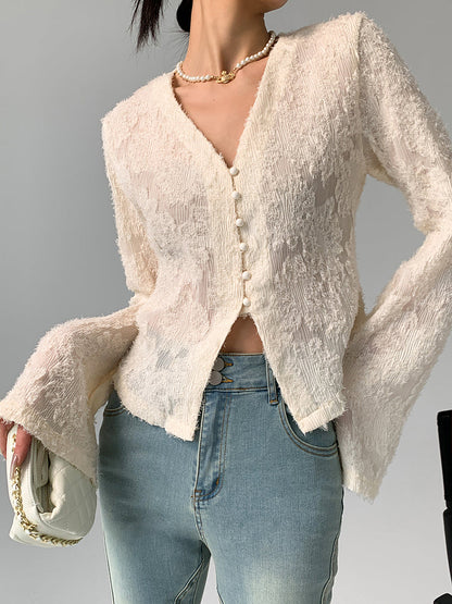 Semi-Sheer V-Neck Ruffle Long Sleeve Blouse