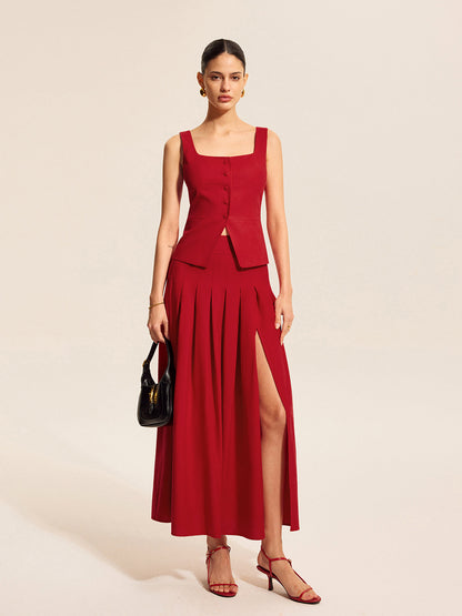 Cotton & Linen Pleated Slit Skirt