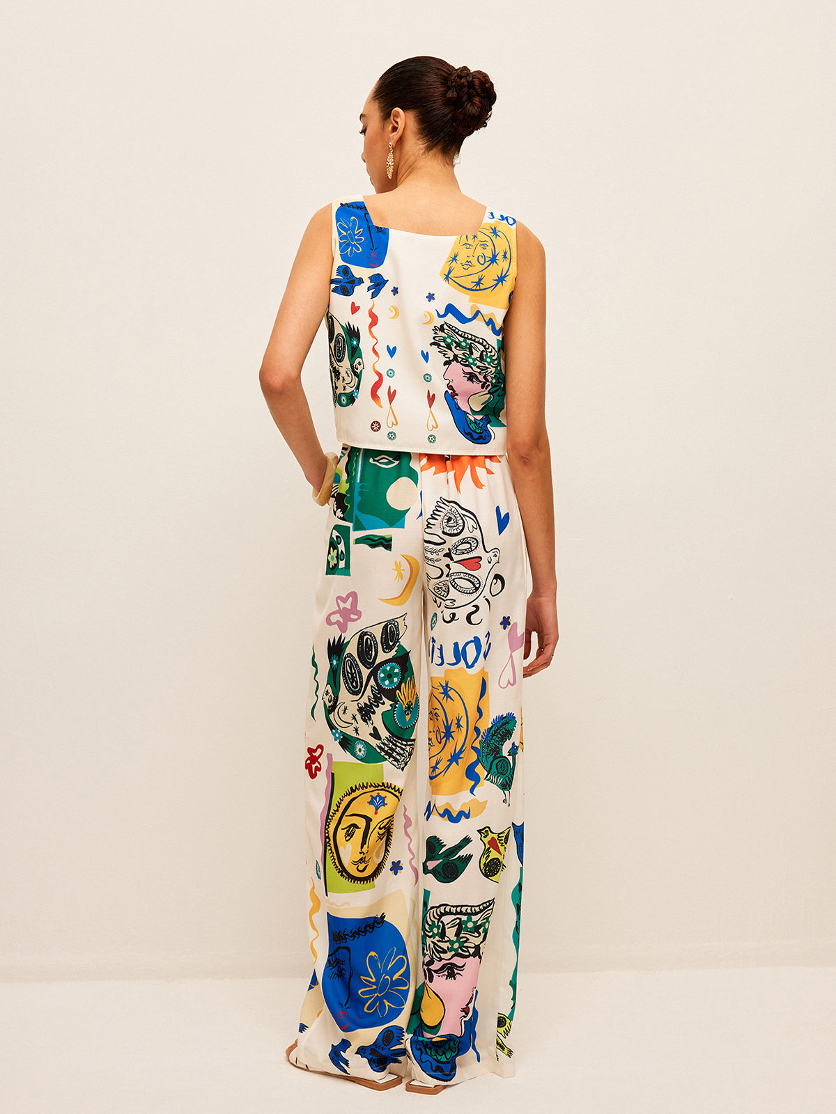 Graphic Print Crop Top With Wide-Leg Pants Set