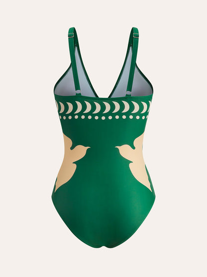 Bird Print Cutout One Piece Swimsuit