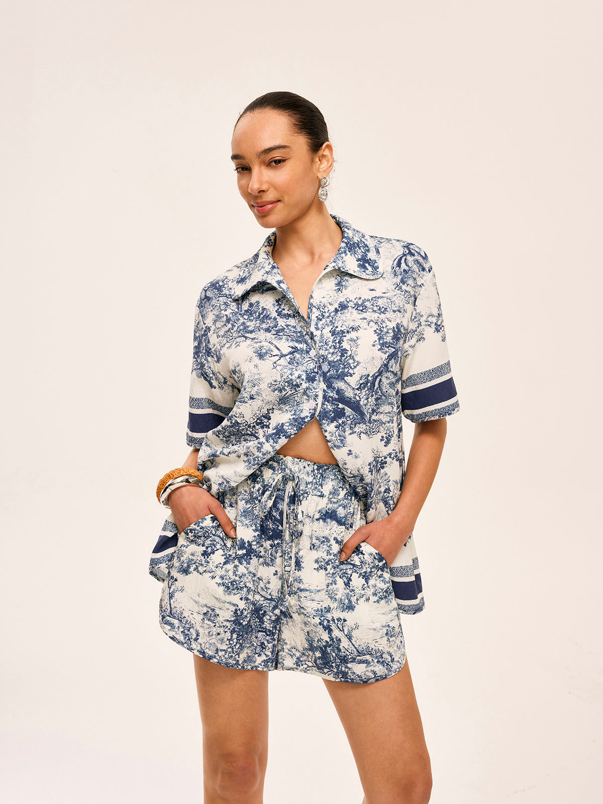 Printed Contrast Trim Shorts Set