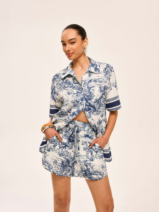 Printed Contrast Trim Shorts Set