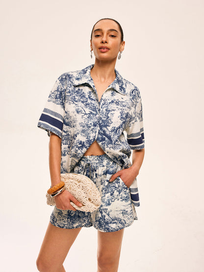 Printed Contrast Trim Shorts Set