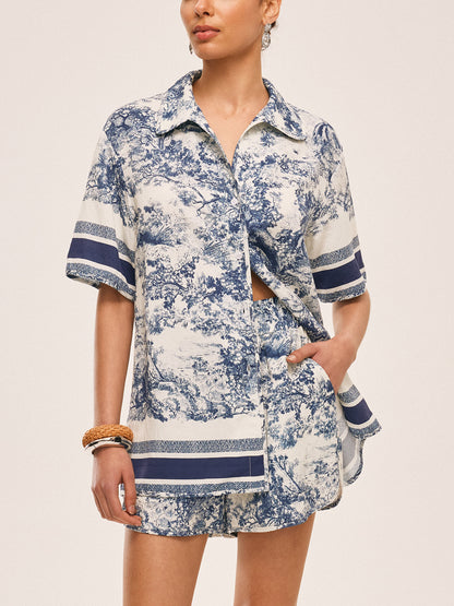 Printed Contrast Trim Shorts Set