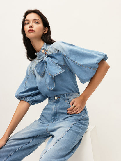 Denim Puff-Sleeve Top With Bow Detail