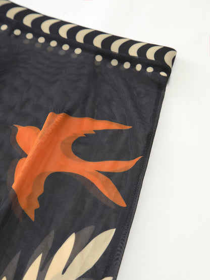 Bird Print Mesh Cover Up Maxi Skirt