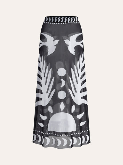 Bird Print Mesh Cover Up Maxi Skirt