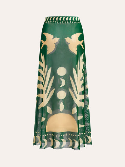 Bird Print Mesh Cover Up Maxi Skirt