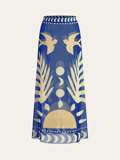 Bird Print Mesh Cover Up Maxi Skirt