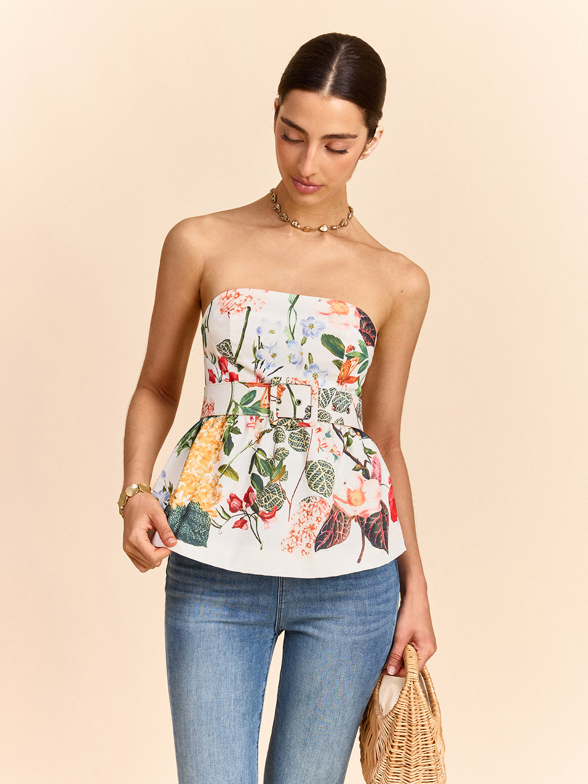 Floral Print Strapless Peplum Top With Belt