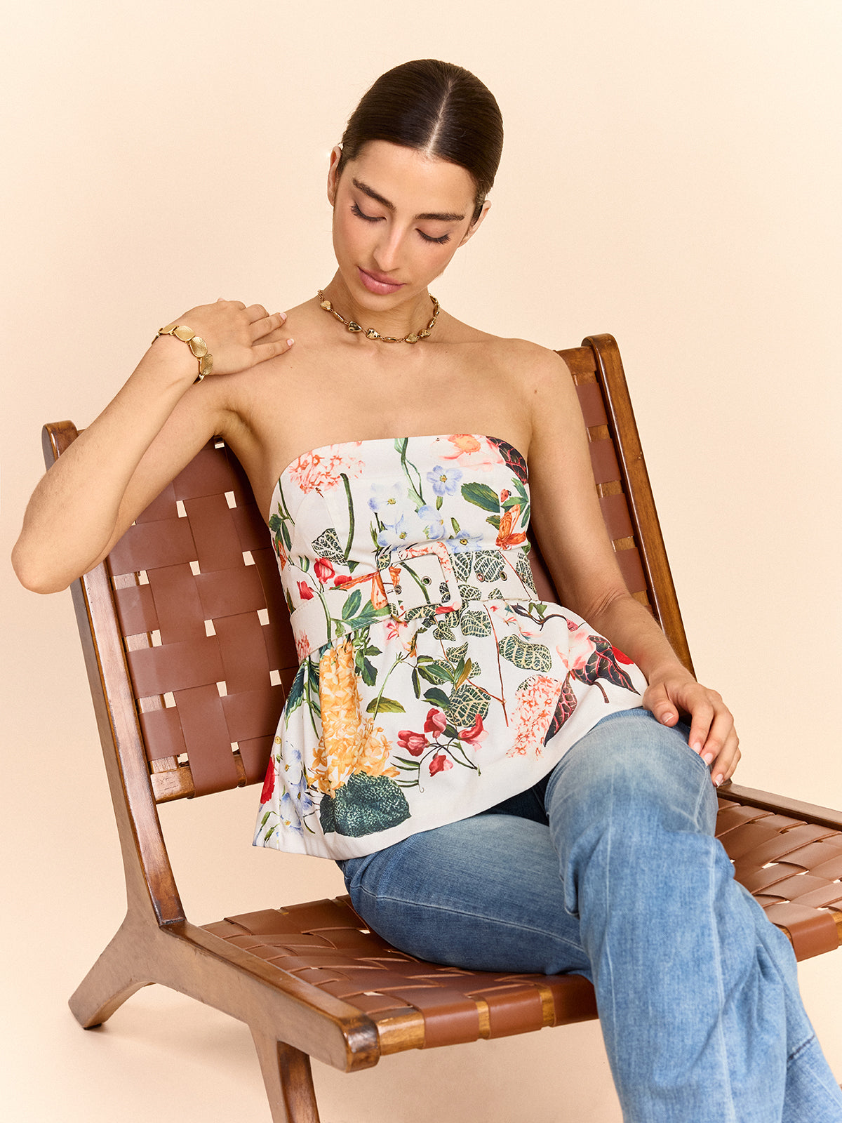 Floral Print Strapless Peplum Top With Belt
