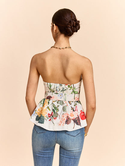 Floral Print Strapless Peplum Top With Belt