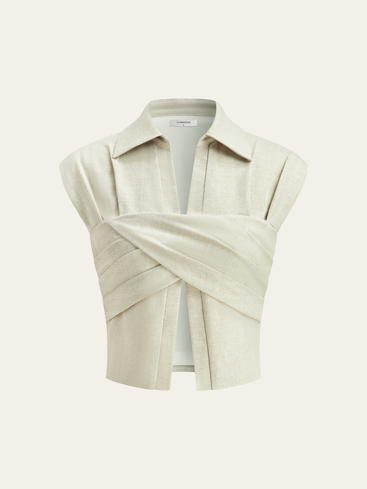 Linen Blend Cropped Blouse with Cross Wrap Detail