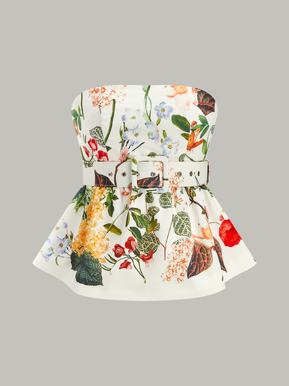 Floral Print Strapless Peplum Top With Belt