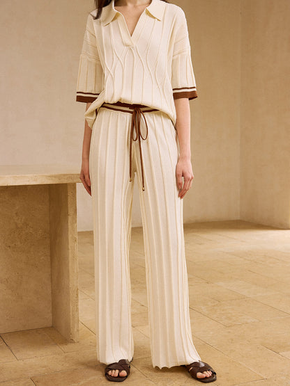 Contrast-Trimmed Polo Neck Top and Drawstring Straight-Leg Pants Set